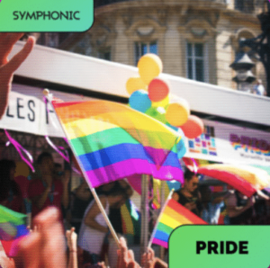People holding and waving rainbow flags at a pride parade with balloons in the background. The image features "SYMPHONIC" and "PRIDE" text labels, capturing the spirit of pride and celebration.